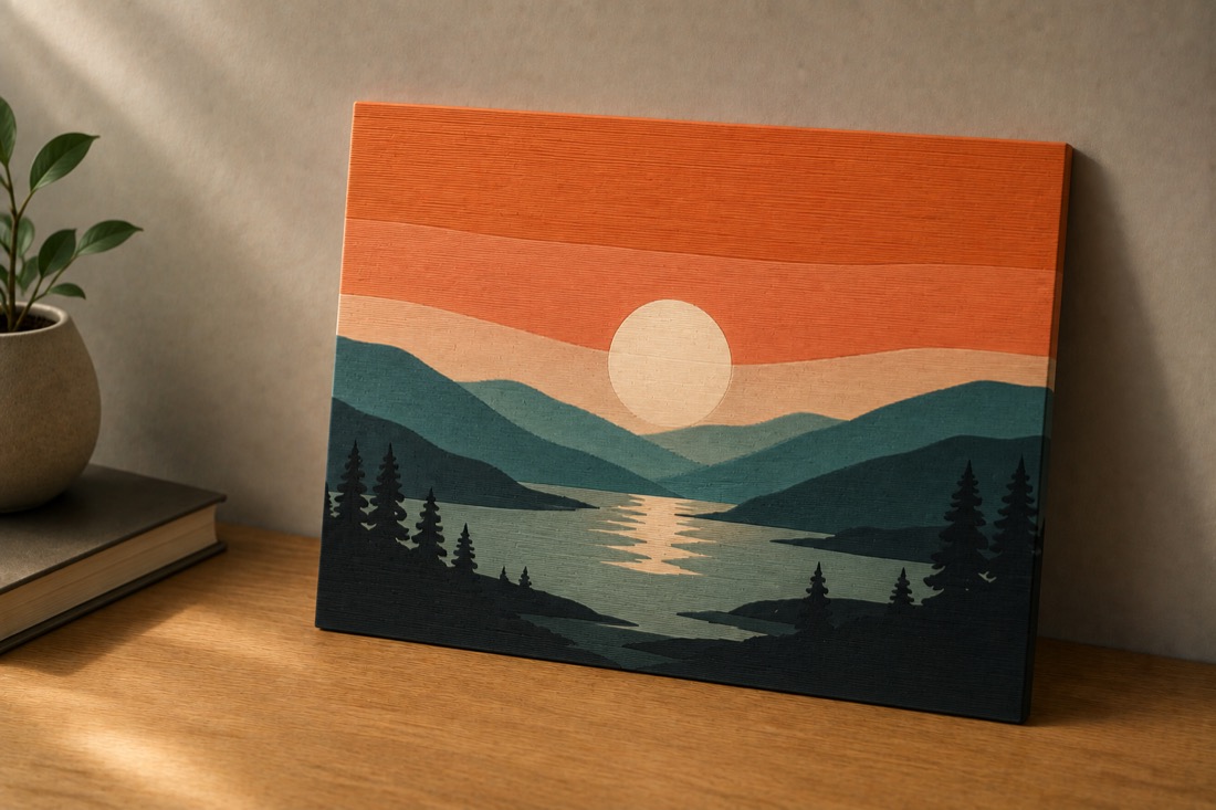 A flat 3D-printed wall panel showing a sunset landscape in flat bands of orange, cream and teal