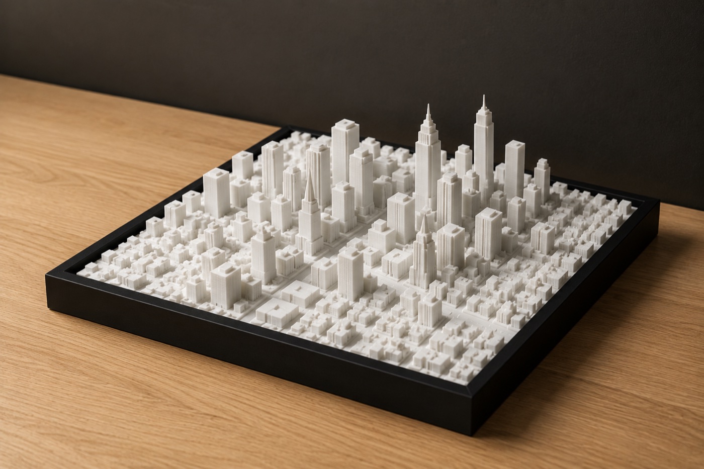 A 3D-printed city block in matte white, set into a shallow black frame on a wooden desk