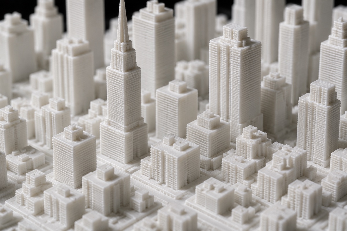 Close-up of the printed buildings showing individual towers and fine layer lines