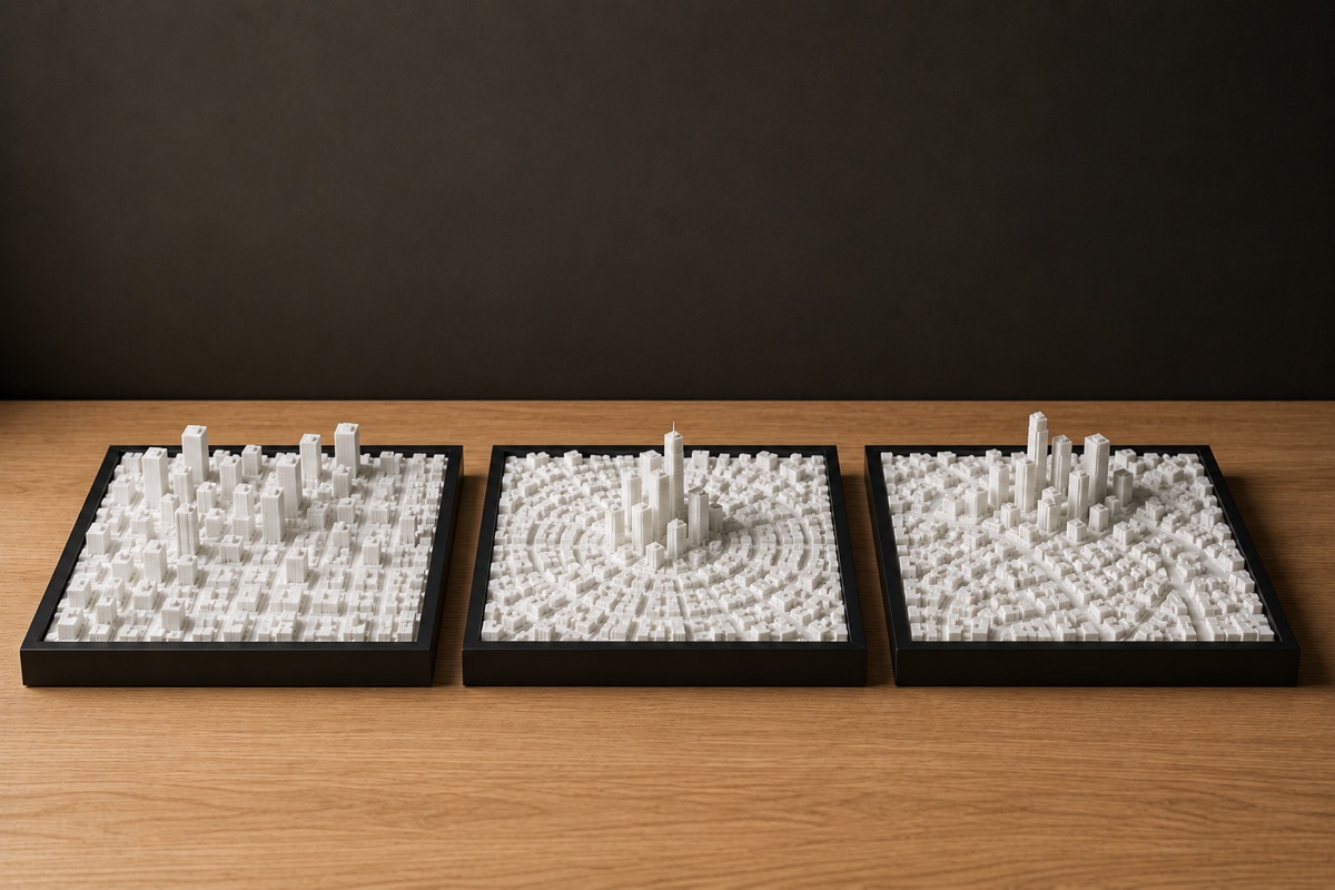 Three framed city blocks side by side, each with a different street pattern