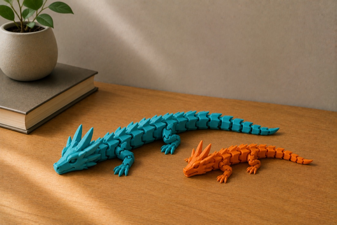Two 3D-printed articulated dragons in teal and orange, made of interlocking jointed segments