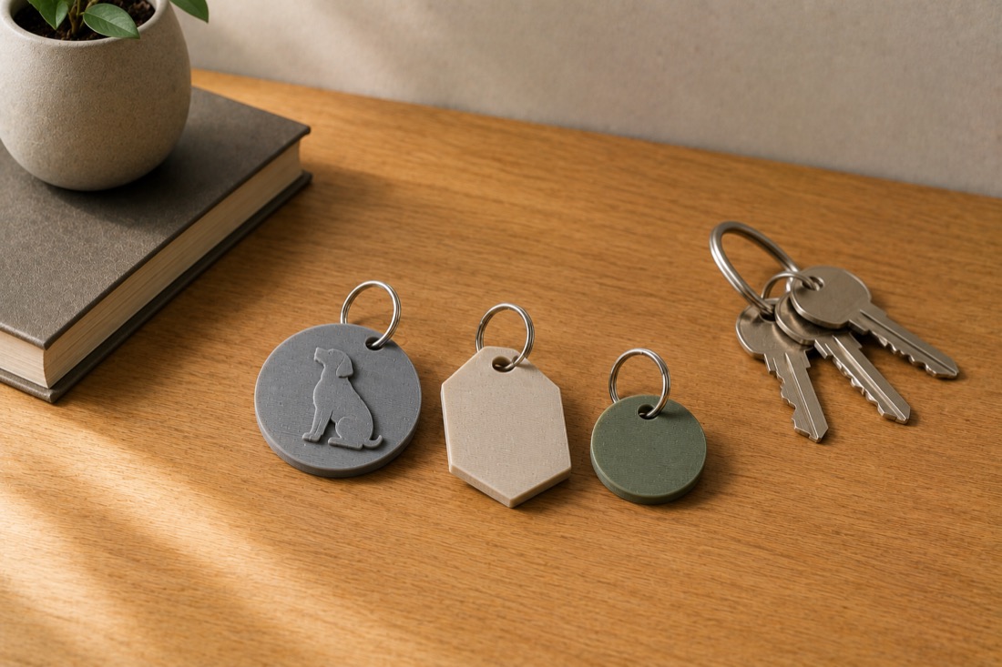 Three small 3D-printed keychains on split rings beside a set of keys