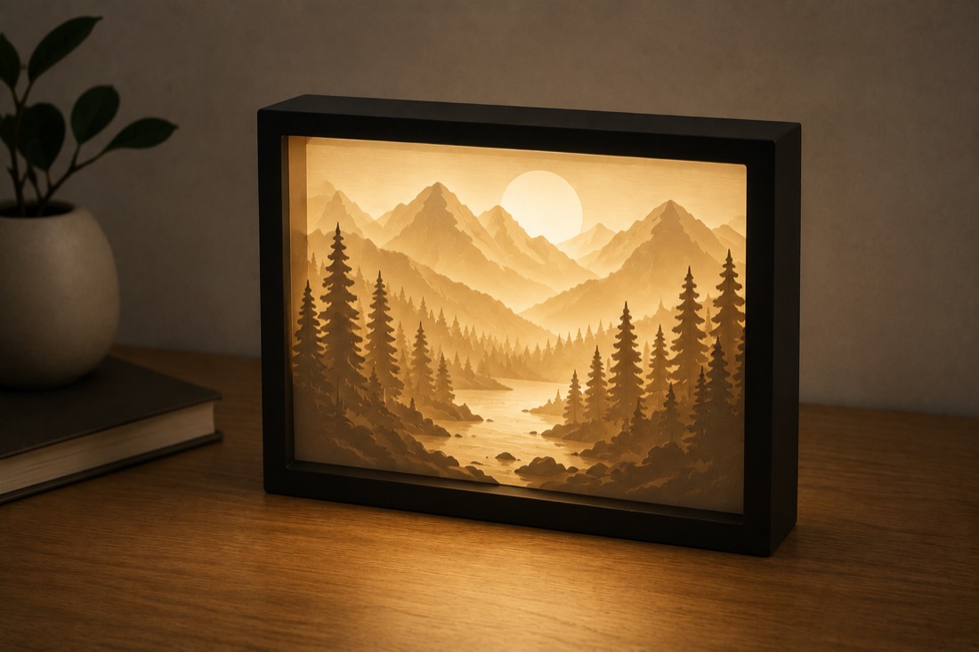 A 3D-printed light box in a black frame, a layered mountain and forest scene glowing warmly from inside