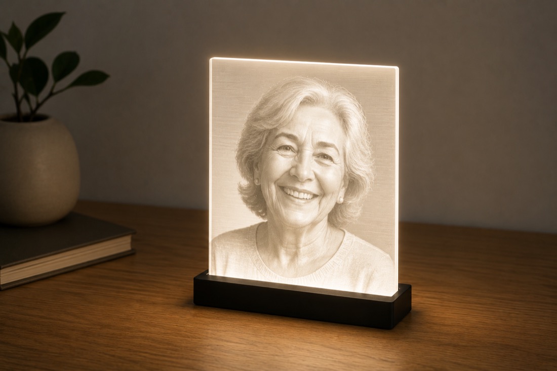A white 3D-printed lithophane in a black base, lit from behind so a portrait appears through the plastic