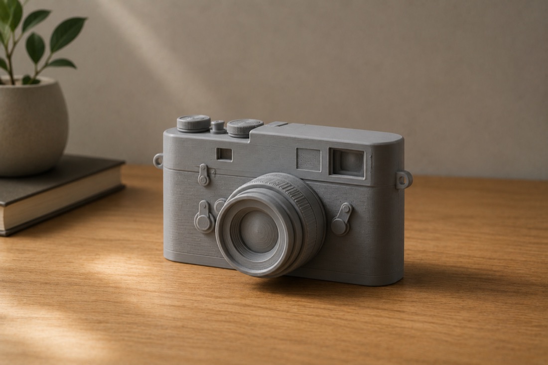 A matte grey 3D-printed model of a vintage camera on a desk, with print layer lines across the body