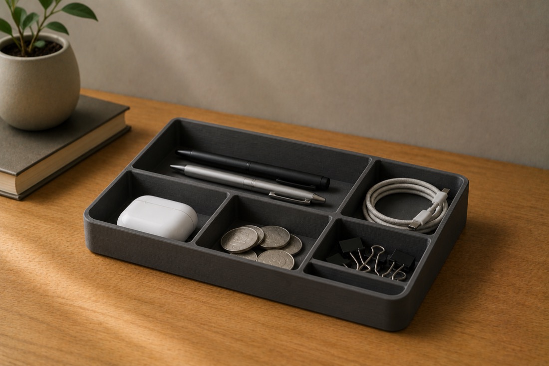 A charcoal 3D-printed desk tray with compartments holding pens, coins, a cable and earbuds