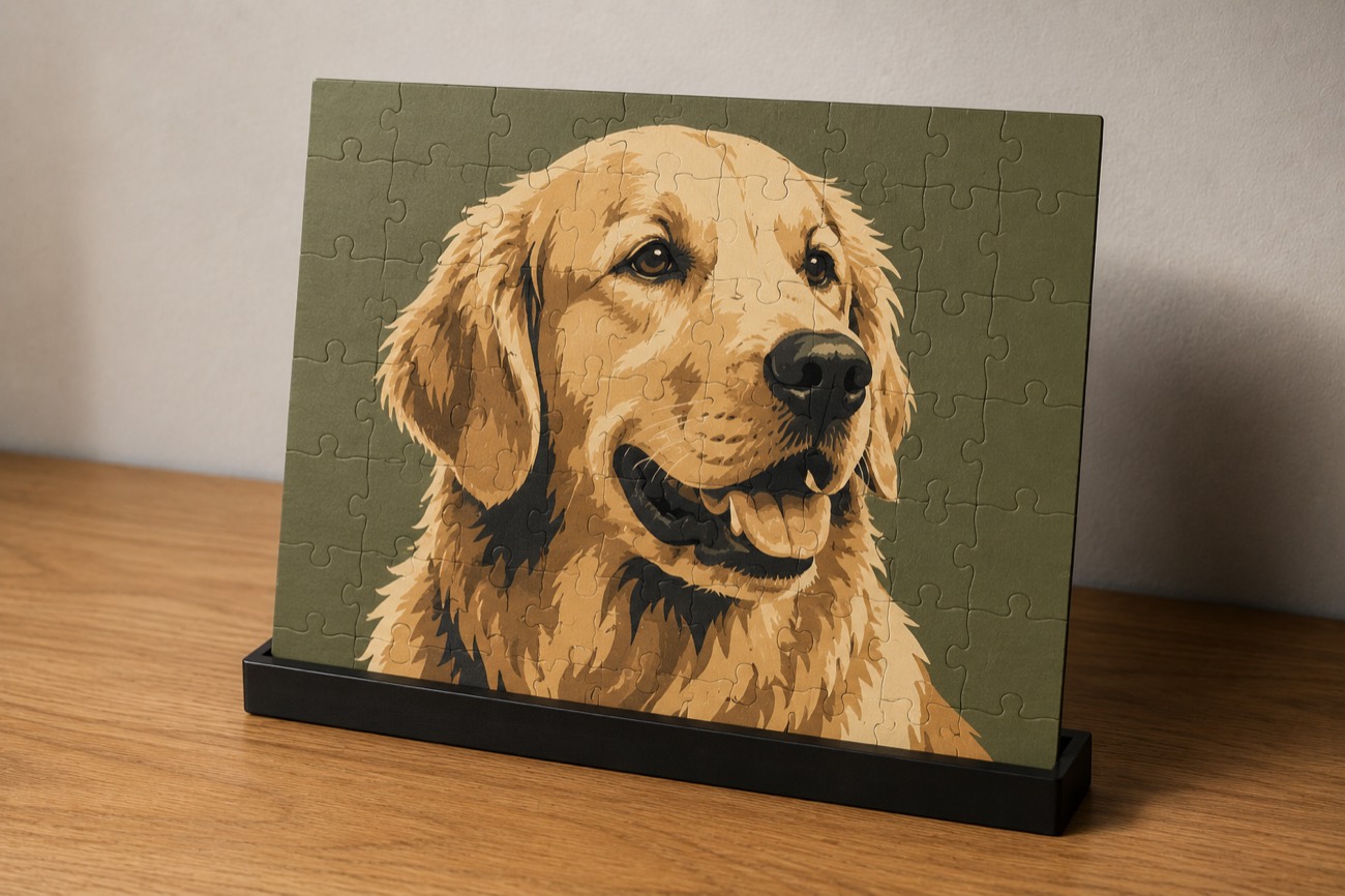 A completed jigsaw puzzle of a golden retriever, printed in flat blocks of colour, standing in a black display stand