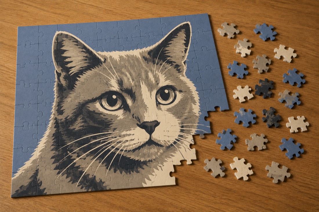 A partly assembled puzzle of a cat with loose printed pieces beside it