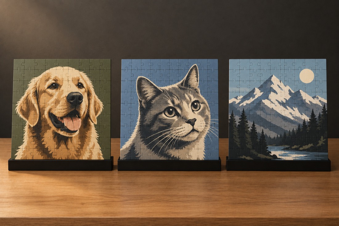 Three finished puzzles in stands, showing a dog, a cat and a mountain landscape