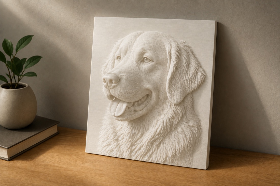A matte white 3D-printed relief panel of a dog's head raised out of the surface, lit from the side