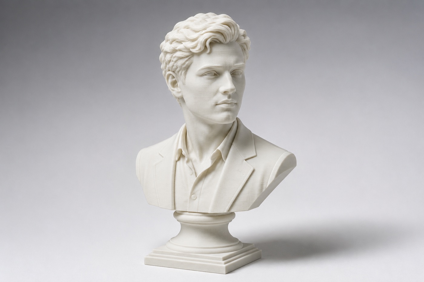 An ivory-white 3D-printed portrait bust wearing a jacket and collared shirt, on a turned classical plinth