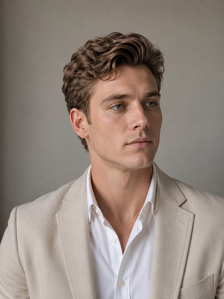 A plain head-and-shoulders portrait photograph of a man in a beige blazer