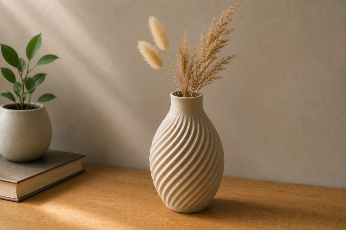 A sand-coloured 3D-printed vase with a ribbed spiral surface, holding dried grasses